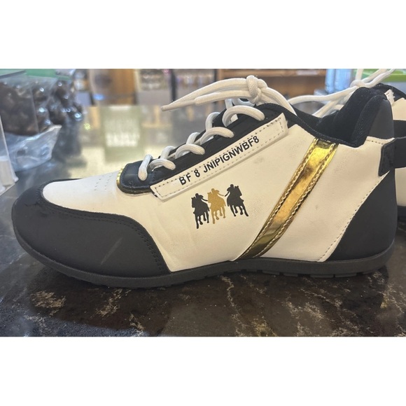 Fashion Sneakers LowTop Lace Up Size 7 BF 8 JNIPIGNWBF8 B&W Gold Trim Designer - Picture 2 of 16